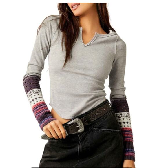 Free People Cozy Craft Cuff Thermal Top In Grey Large - Picture 1 of 5